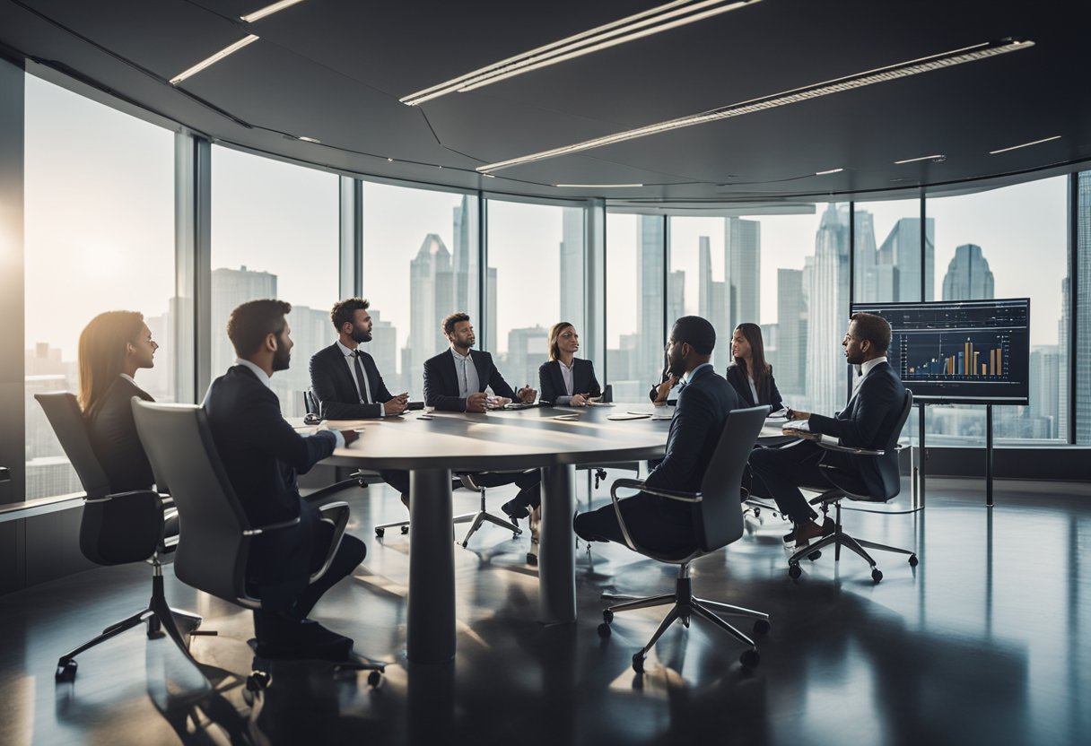 A group of professionals sit around a conference table, discussing business strategies and funding options. Charts and graphs adorn the walls, showcasing financial projections and potential investors