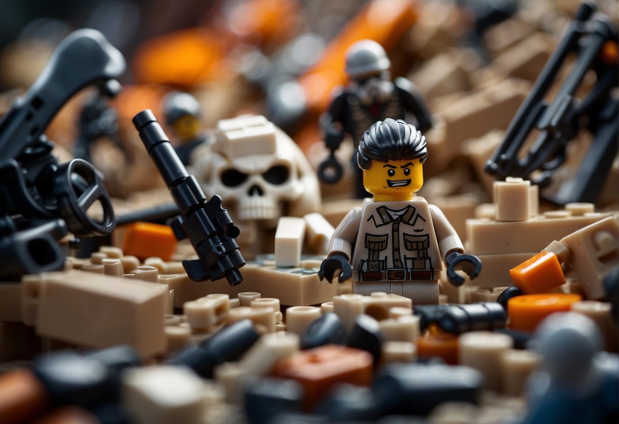 A pile of bones lies in the center of a Lego Fortnite scene, surrounded by building materials and weapons. A character examines the bones, pondering their significance