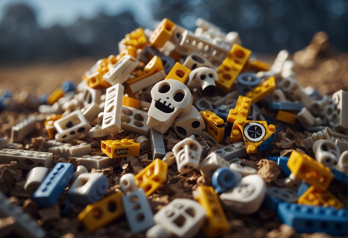 A pile of Lego bones scattered around a Fortnite-themed environment, with question marks hovering above them