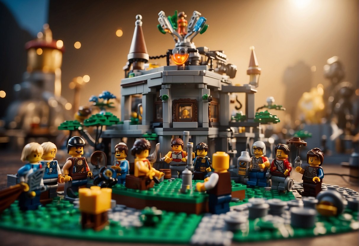 A lego fortress with a "Managing Your Game Experience" sign, surrounded by various lego characters playing and interacting