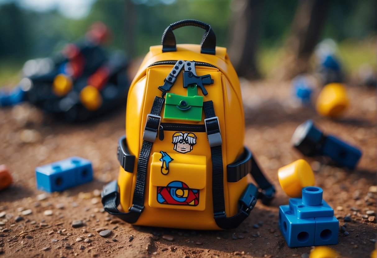 A backpack vanishes amidst a battle in a Lego Fortnite world