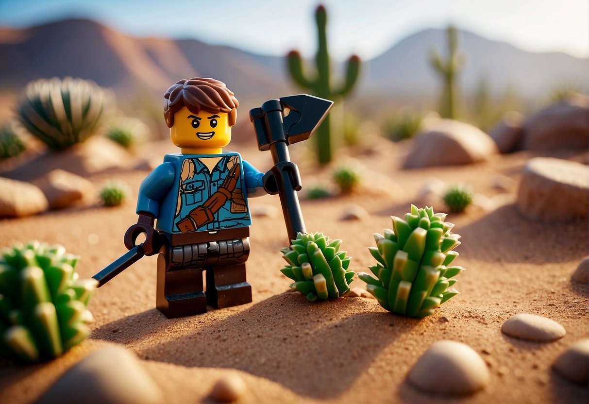 Lego Fortnite scene: Character breaking cacti with a pickaxe, surrounded by desert landscape and other Lego Fortnite elements
