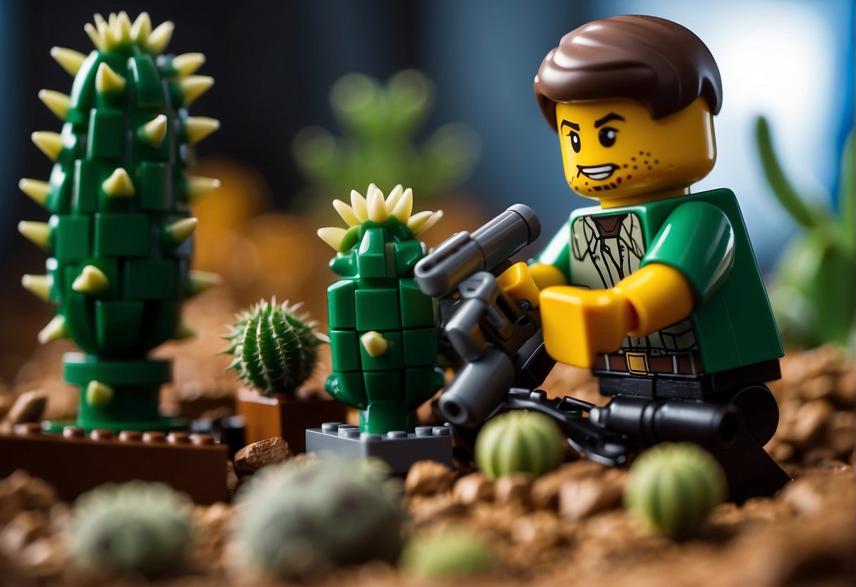 A figure assembling a Lego cactus, adding weapons and gear for a Fortnite adventure