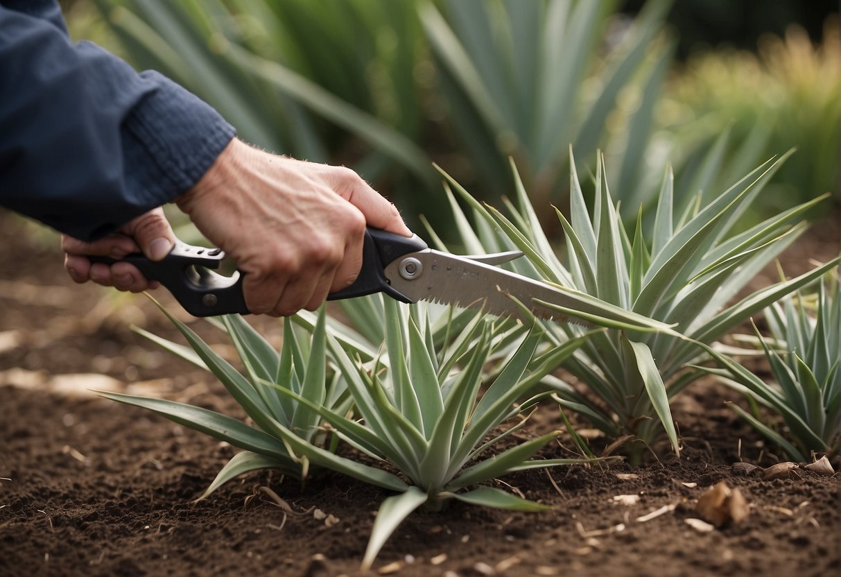 Yucca plants being trimmed with sharp shears, cut leaves falling to the ground, a clean and tidy garden bed