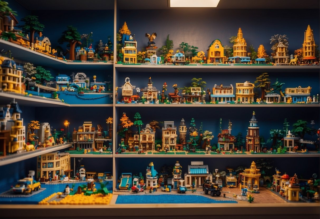 Lego sets arranged neatly on shelves, with colorful backdrops and adjustable lighting, showcasing their intricate details and vibrant colors