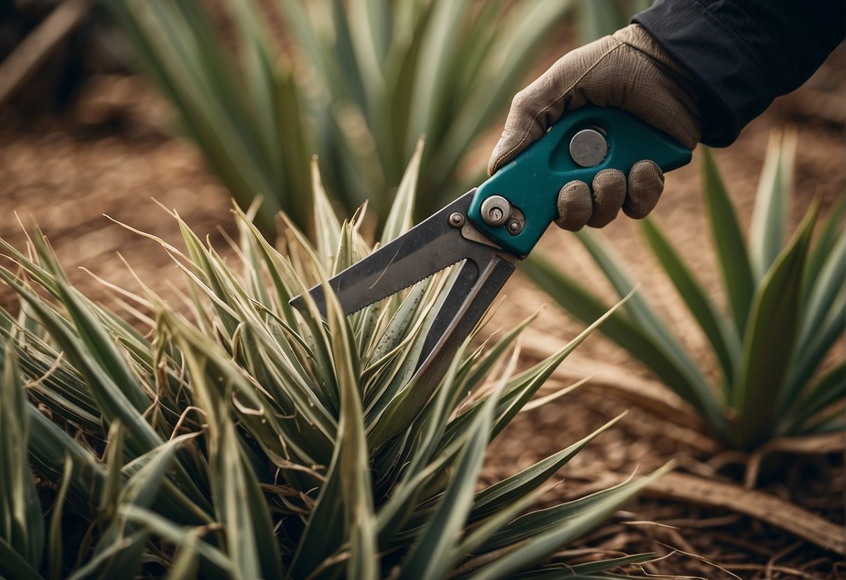 A pair of pruning shears cutting back the long, sword-shaped leaves of a yucca plant, with a pile of trimmings on the ground