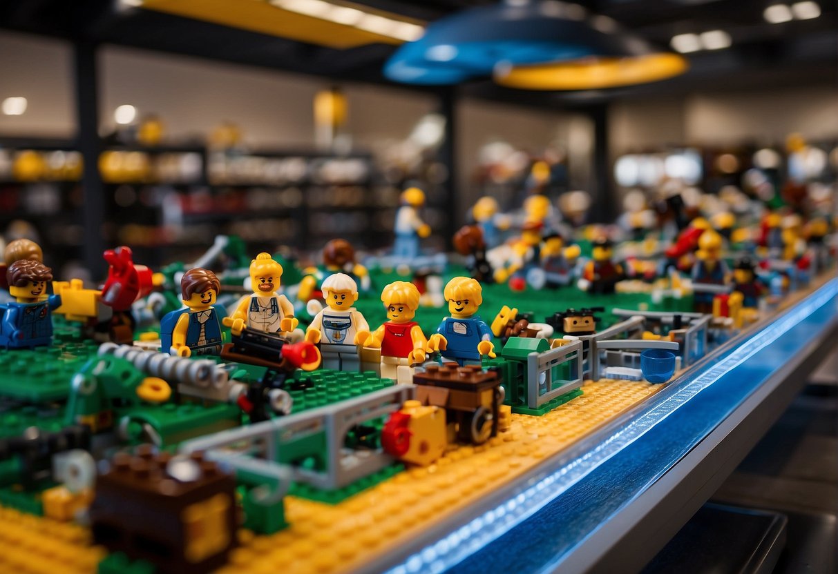 Various Lego sets arranged on shelves, some in glass cases. A large table displays a complex build in progress. Bright lighting highlights the colorful bricks