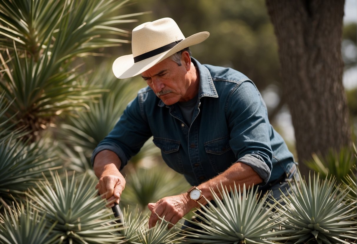 The gardener trims yucca plants, gathering tools and preparing the area for pruning