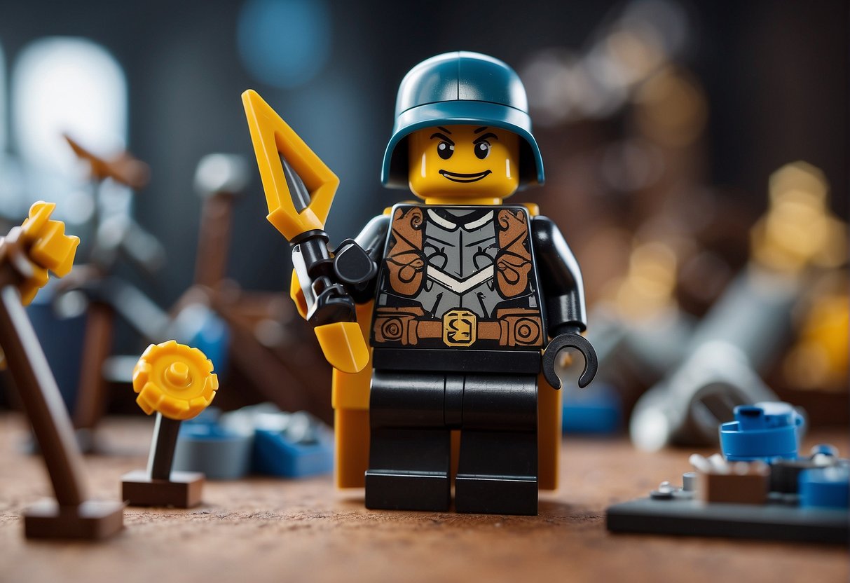 Lego character crafting arrows with materials, following Fortnite combat skill guide