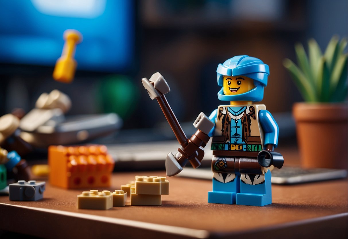 A Lego character crafts arrows at a workbench in a Fortnite-themed environment