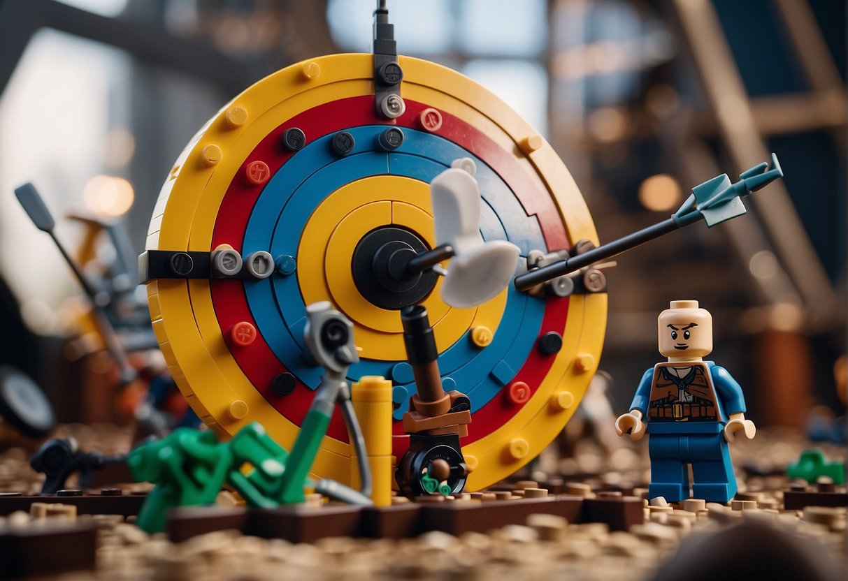 Lego bricks arranged to form a target with arrows hitting the bullseye, surrounded by Fortnite-themed elements like weapons and building structures