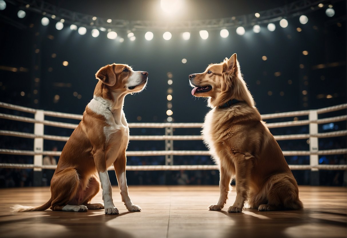 Two dogs, Popó and Bambam, facing off in a ring. Text bubble above: "What time does the fight start and where can I watch it live?"