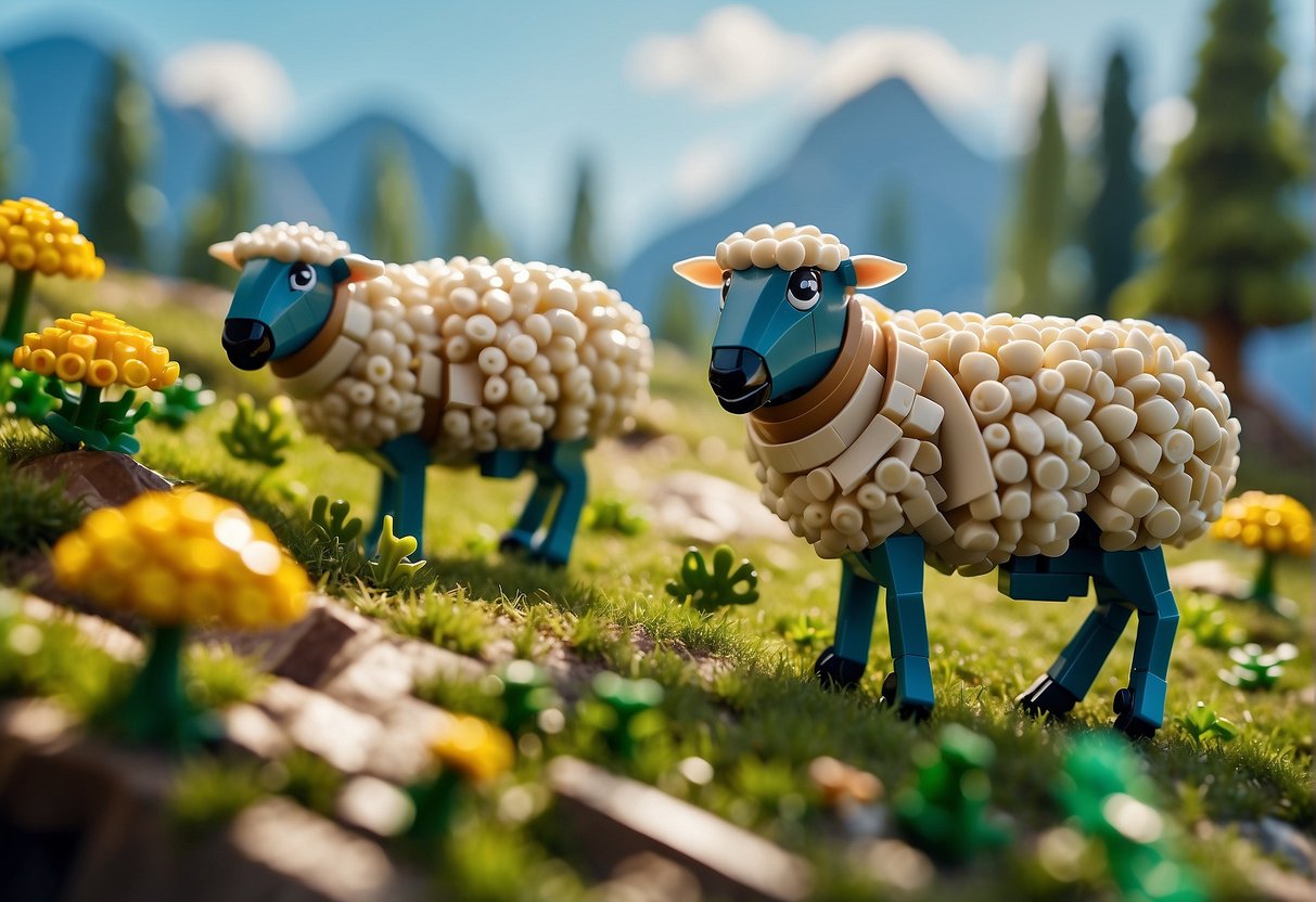 Sheep grazing on grass in a Lego Fortnite landscape