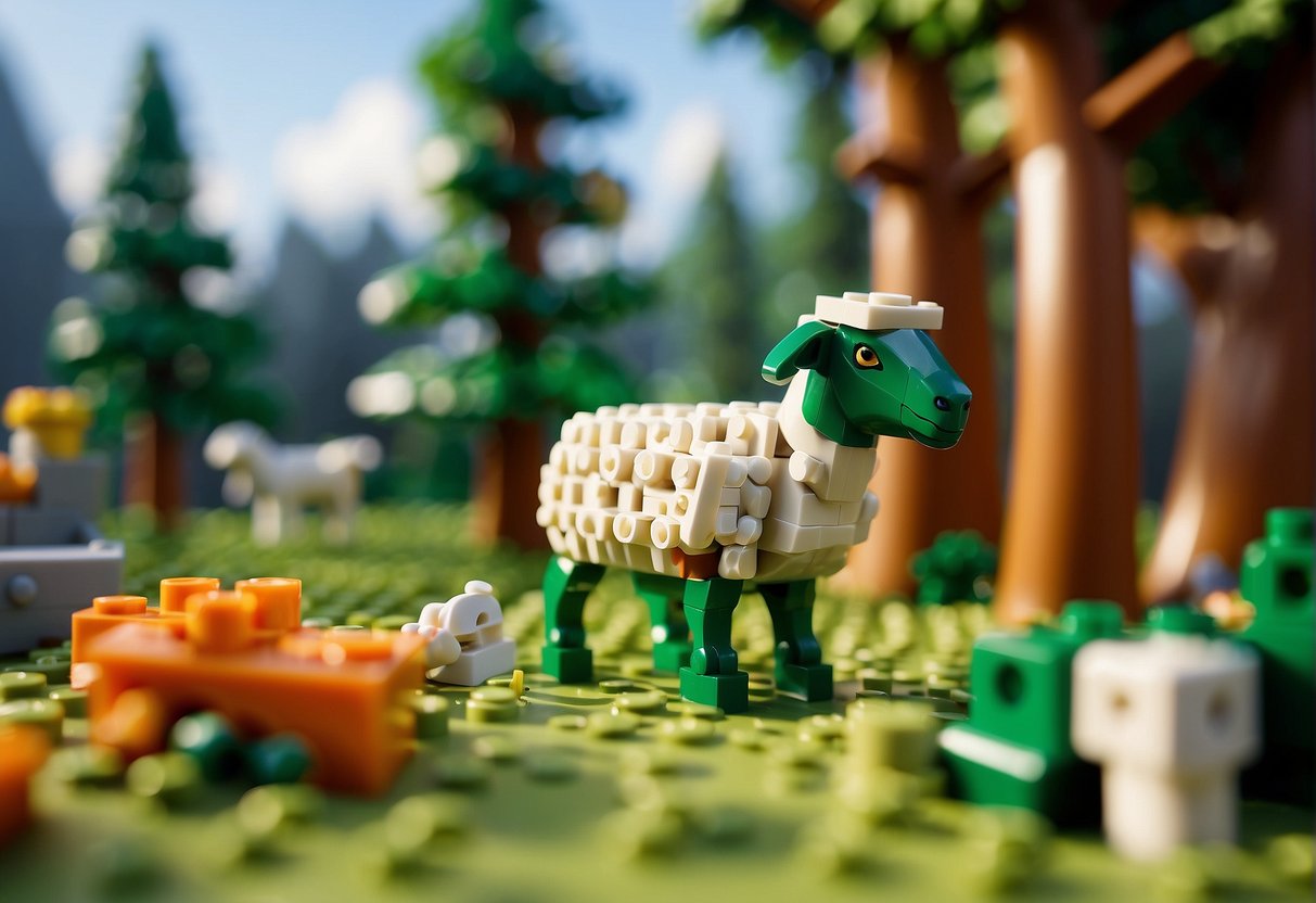 Sheep graze in a Lego Fortnite habitat, surrounded by blocky trees and grass. Bright green pasture and a feeding trough filled with Lego carrots