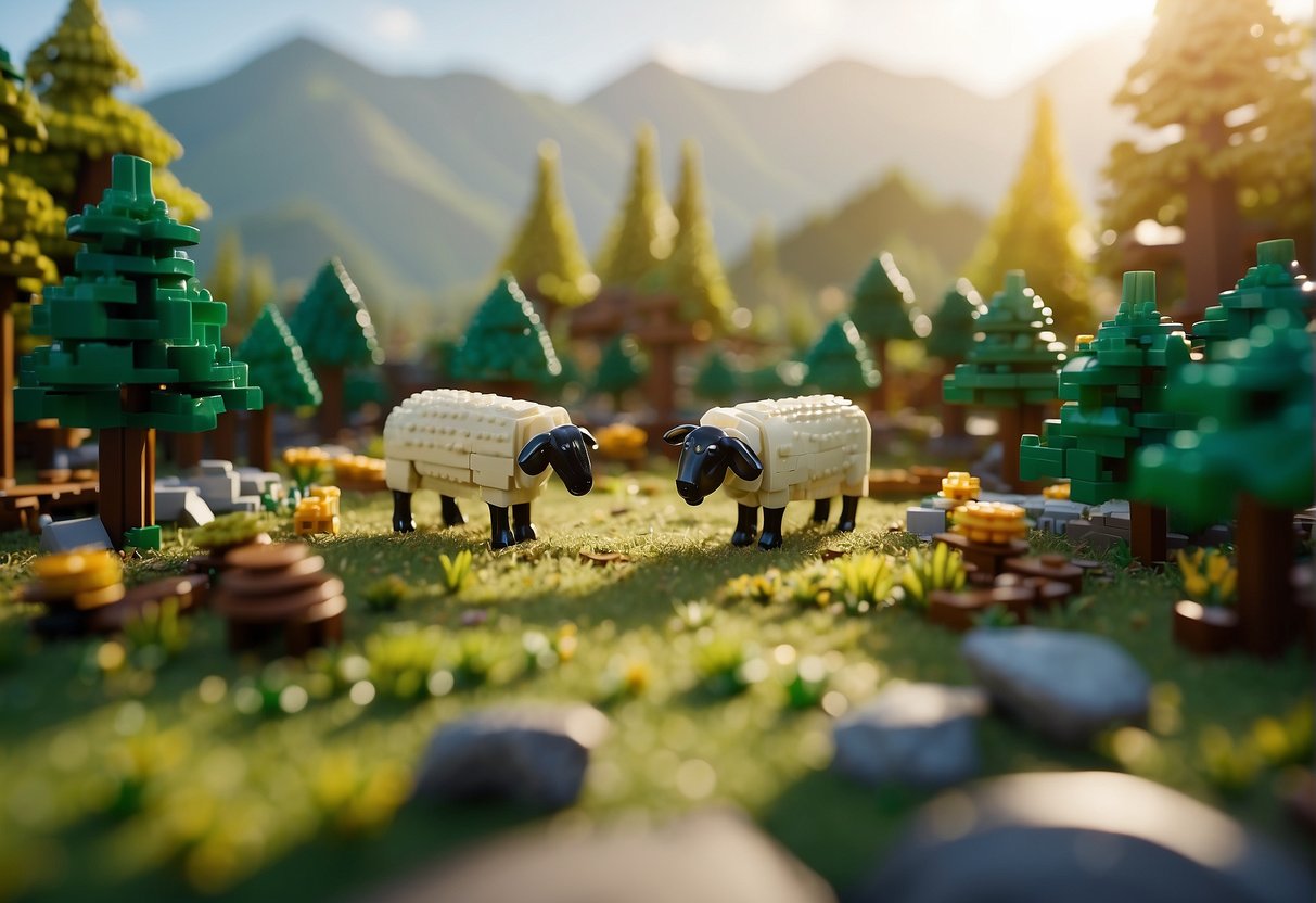 Sheep graze on green grass in a vibrant Lego Fortnite landscape, surrounded by trees and mountains