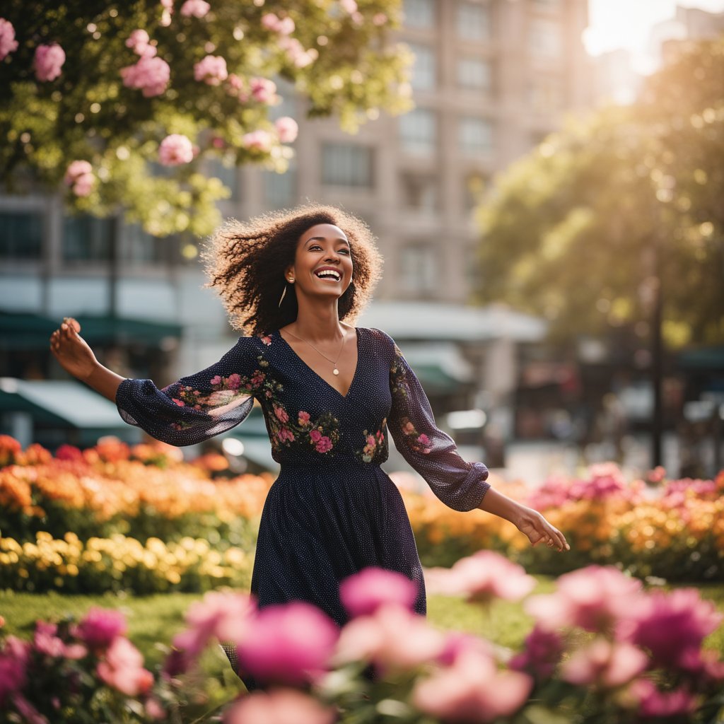 A woman dances joyfully in a bustling city park, surrounded by vibrant flowers and tall buildings. She twirls with a bright smile on her face, exuding a carefree and happy energy