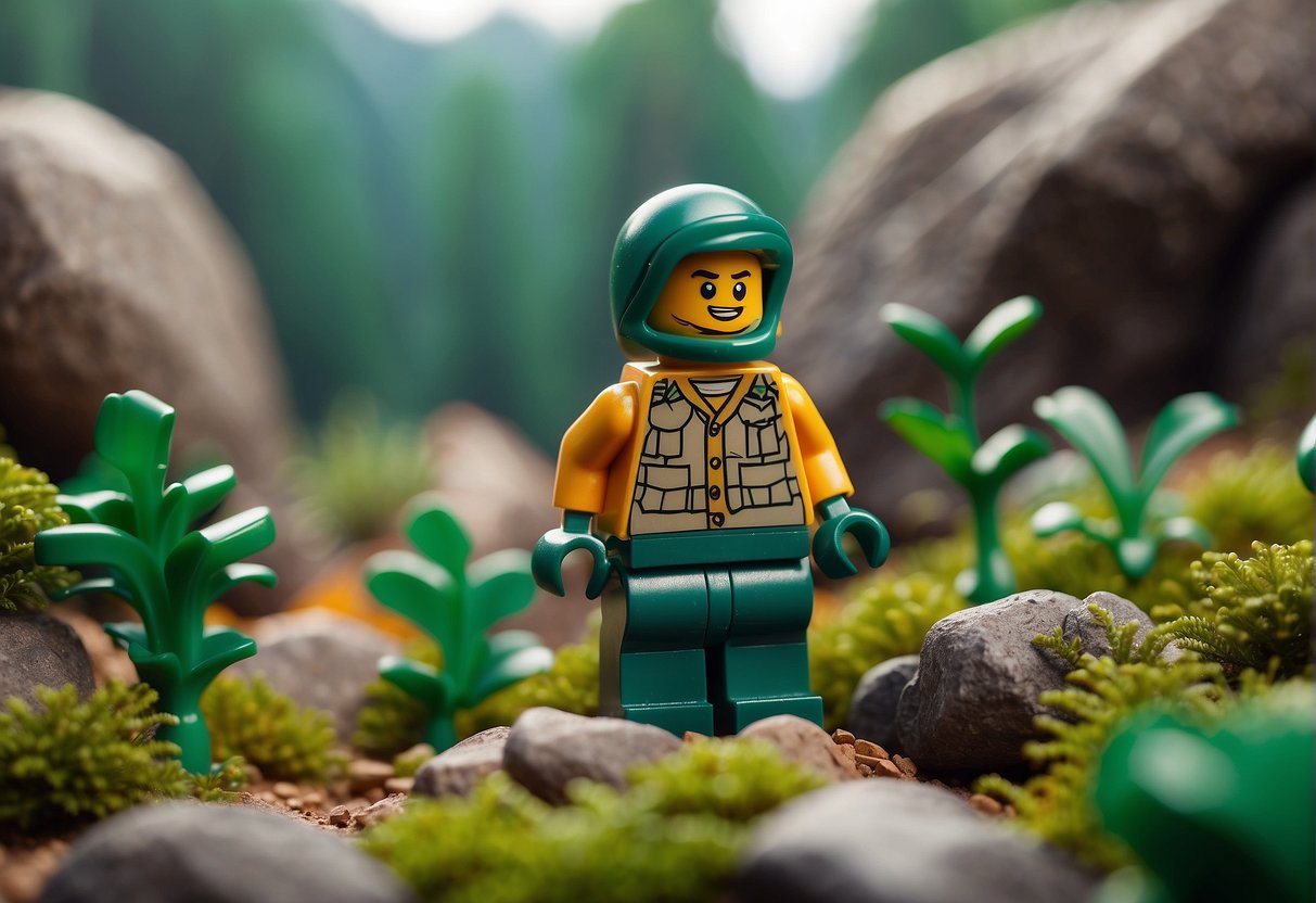 A Lego figure searches for malachite in a vibrant Fortnite environment, surrounded by rocky terrain and lush greenery