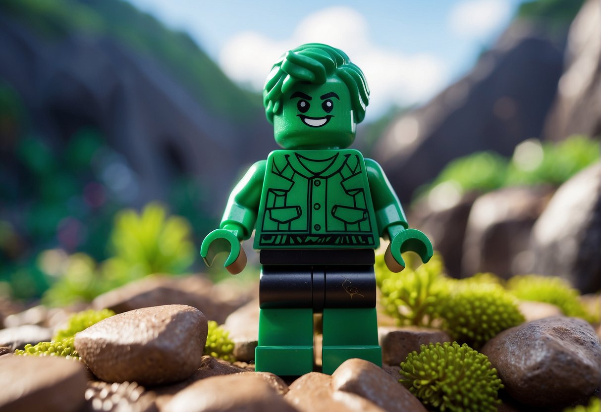 A character gathers malachite from a cave in a vibrant Lego Fortnite world. The shiny green mineral is used for crafting and upgrading equipment