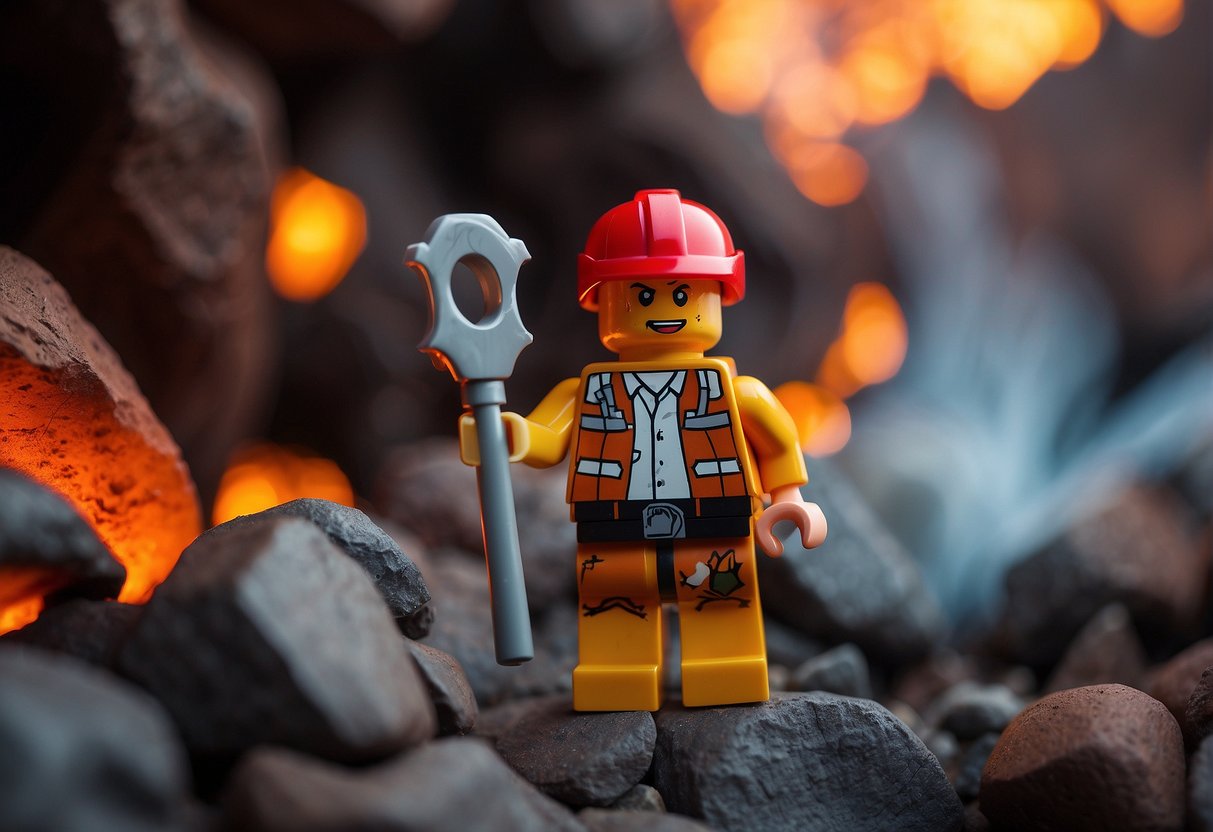 A Lego Fortnite character explores lava caves with glowing red rocks and steam vents