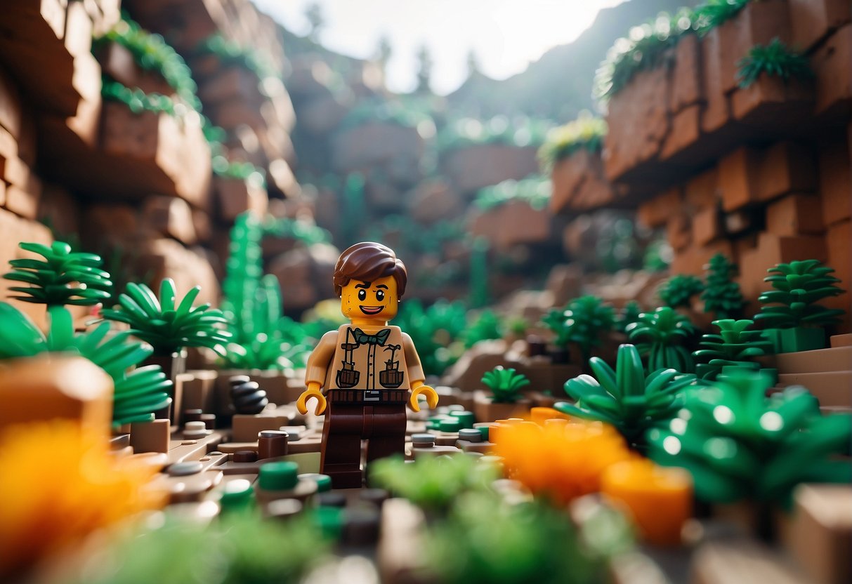 A vibrant Lego Fortnite biome with lava caves and dynamic terrain