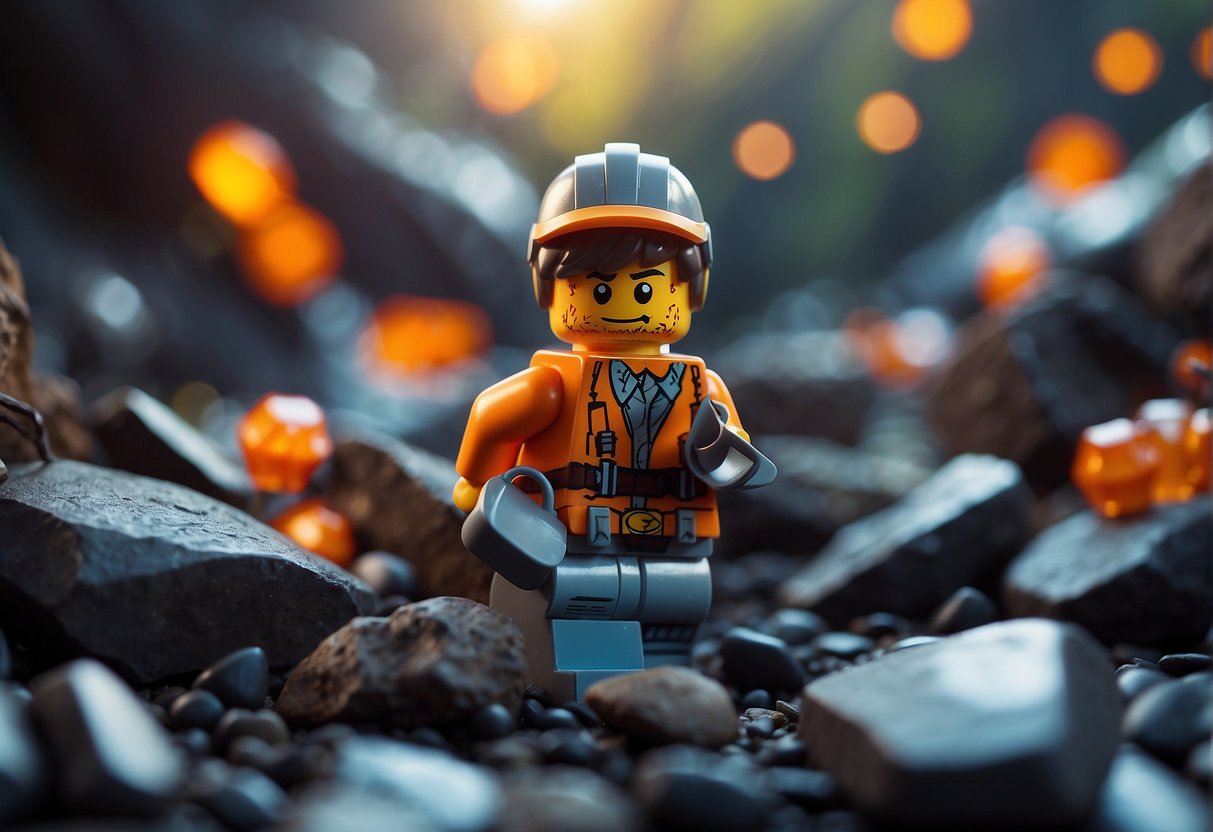 A character explores a rocky landscape, discovering hidden lava caves for resource management and crafting in the Lego Fortnite world