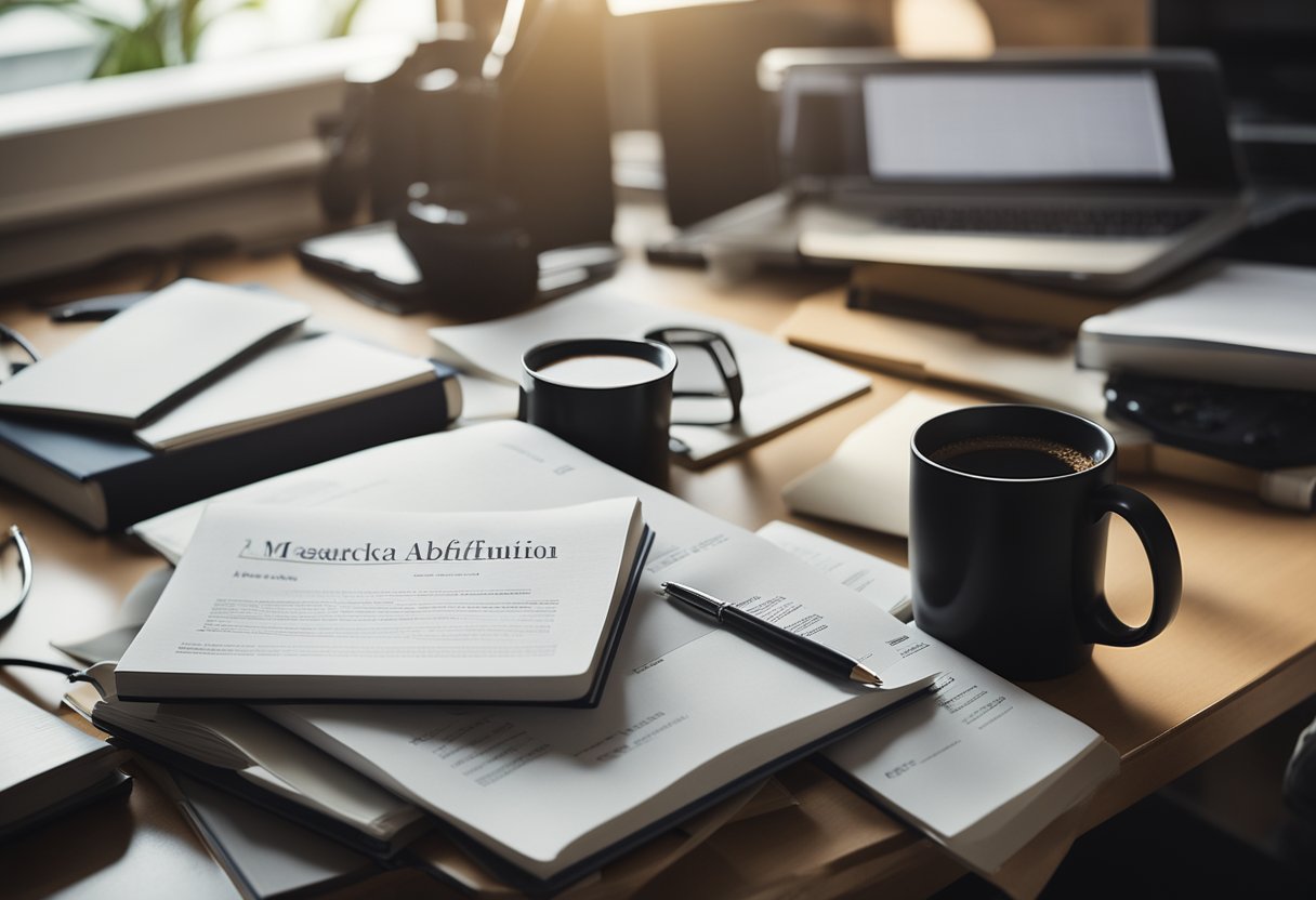 A desk cluttered with books, papers, and a computer. A coffee mug sits next to a stack of research papers. A pencil and notepad lay open, ready for note-taking