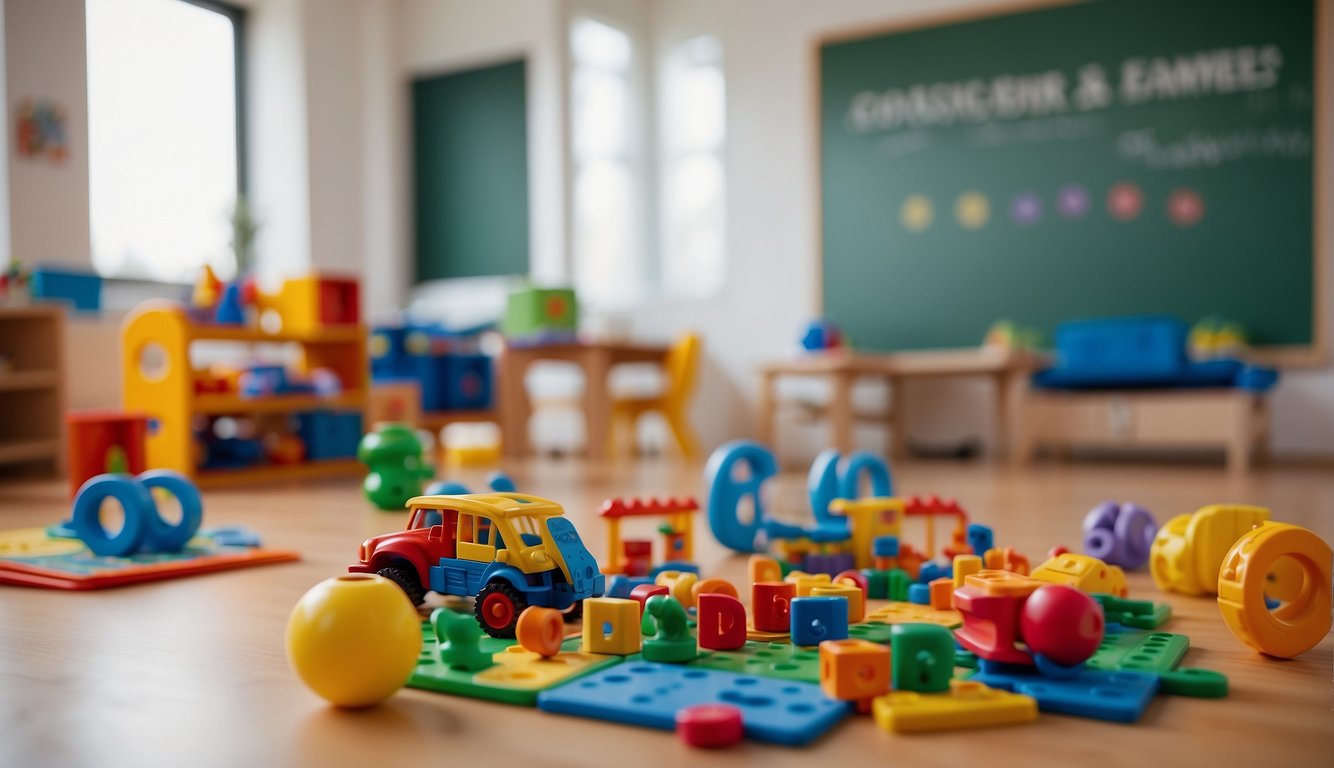 Sala de aula colorida com brinquedos e jogos dispostos no chão, com quadro branco exibindo plano de aula para educação infantil baseado na BNCC