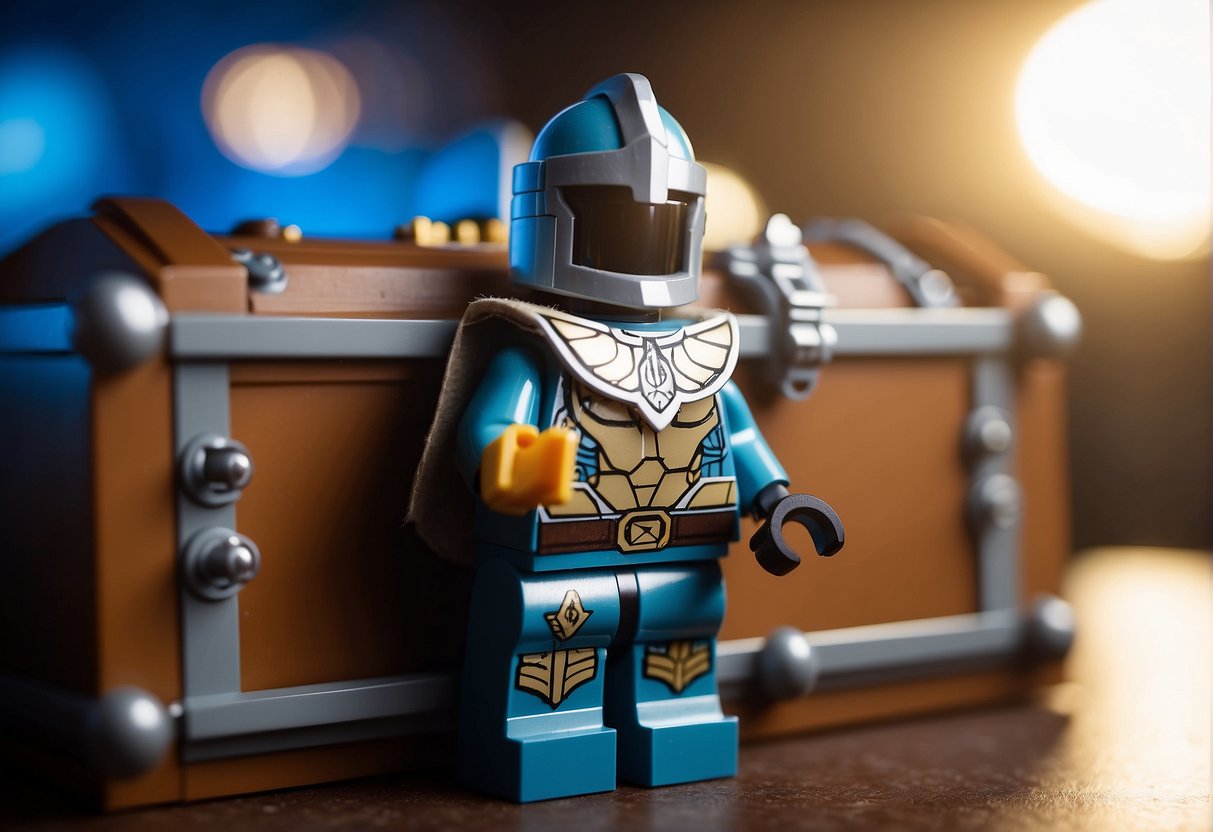 A character in a Lego Fortnite world finds a suit of armor hidden in a treasure chest, enhancing their gameplay