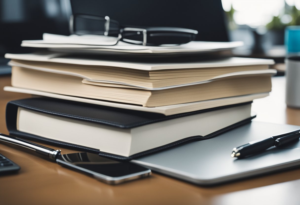 A stack of books, a laptop, and a notebook sit on a desk surrounded by scattered papers and pens