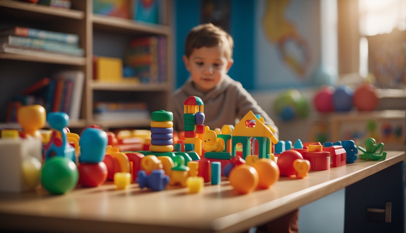 A colorful classroom with toys and games, a teacher creating a lesson plan for early childhood education based on the BNCC guidelines