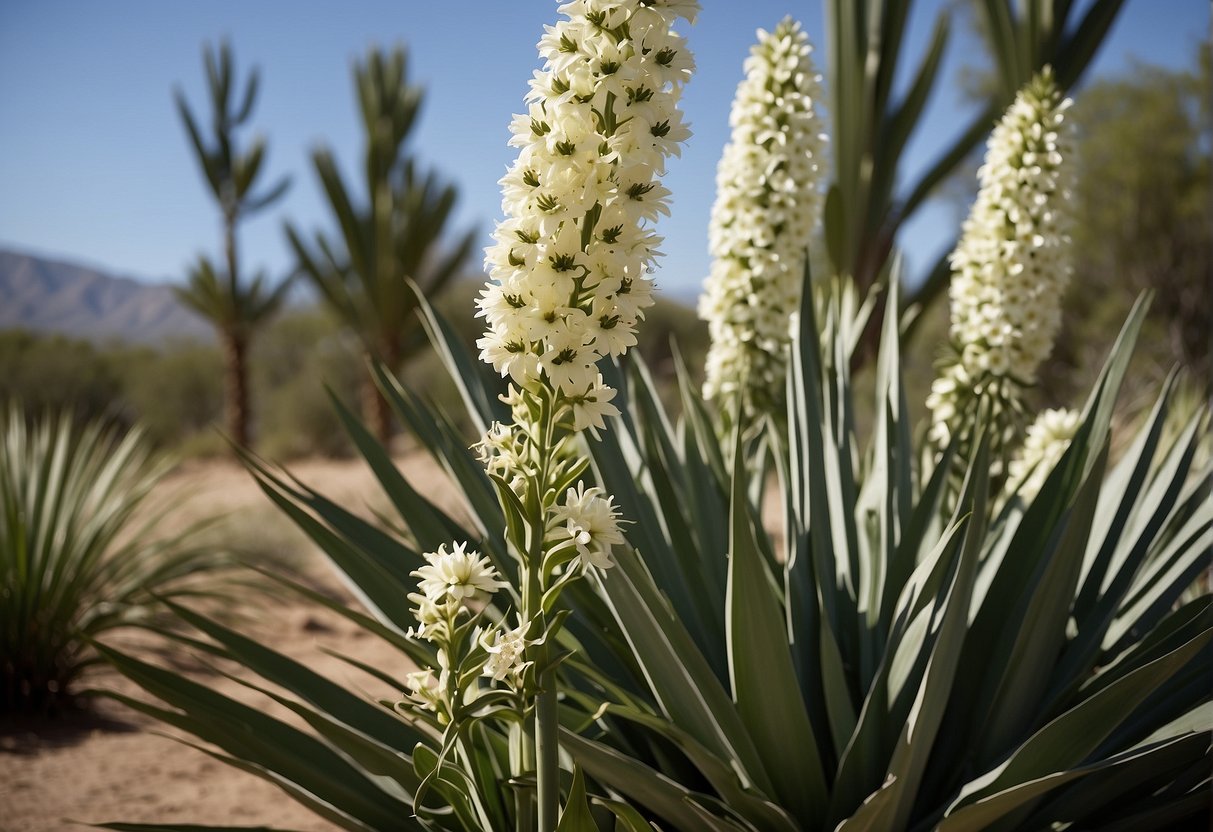 Yucca plants reach up to 30 feet in height, with long, sword-shaped leaves and a single tall stalk of white flowers