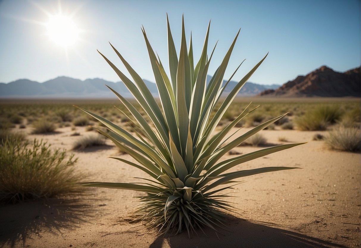 A tall yucca plant stands against a desert backdrop, reaching towards the sky with its long, sword-shaped leaves