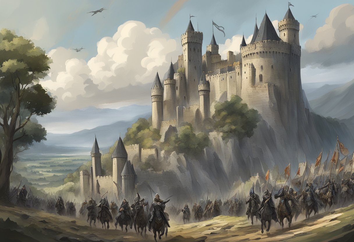 A gothic castle overlooks a war-torn landscape, with banners flying and soldiers in battle