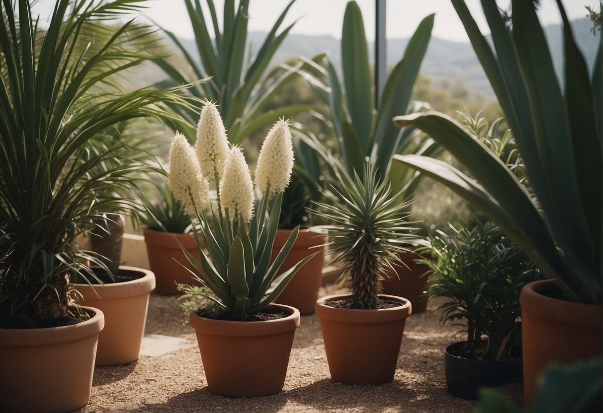 A lush garden with yucca plants towering over the landscape, some reaching up to 10 feet in height. Others are potted indoors, adding a touch of greenery to a modern living space