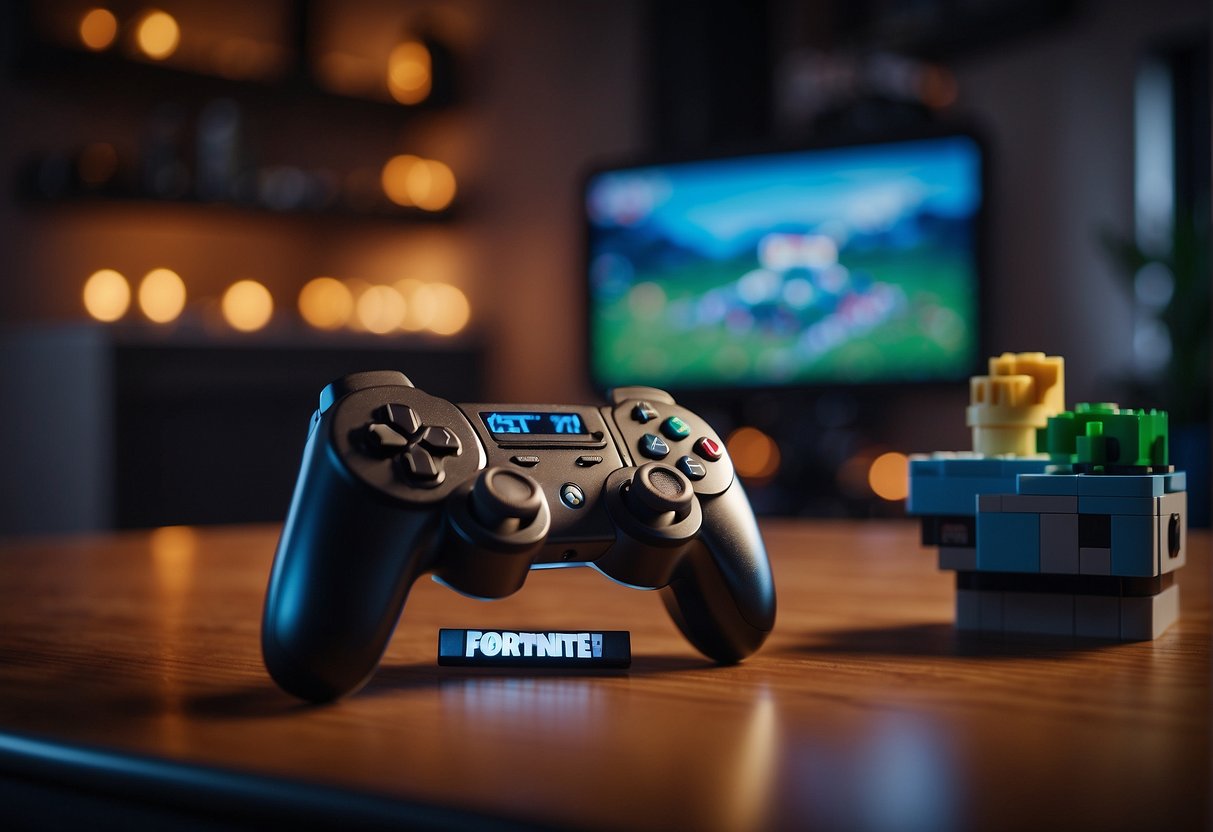 A gaming console with a Fortnite LEGO game displayed on the screen, with an auto-save notification popping up in the corner