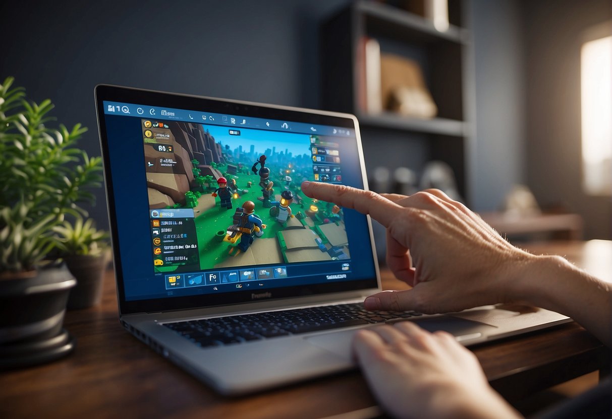 A hand reaching for a Fortnite Lego set, while a computer screen shows "Troubleshooting Common Issues" and an auto-save icon