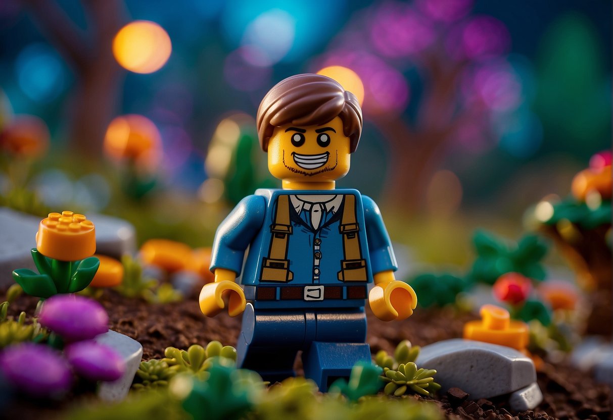 A Lego Fortnite character conquers the night, standing victorious over defeated enemies in a vibrant, colorful landscape