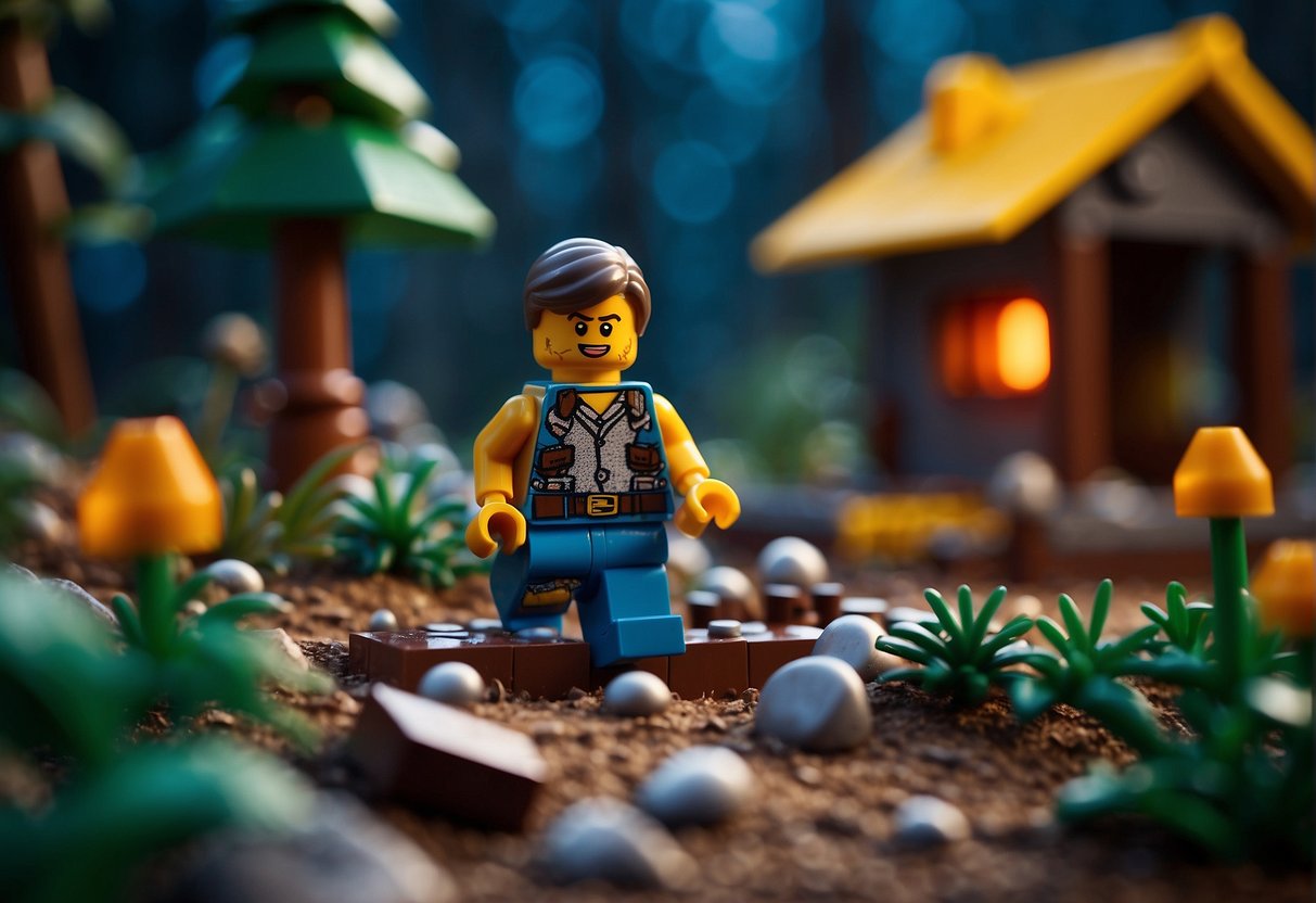 A Lego character builds a shelter to skip the night in a Fortnite-themed landscape