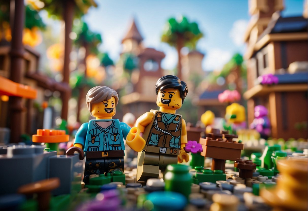 A vibrant LEGO Fortnite world, constantly evolving with updates and community insights. Daytime setting, with colorful buildings and characters engaged in various activities