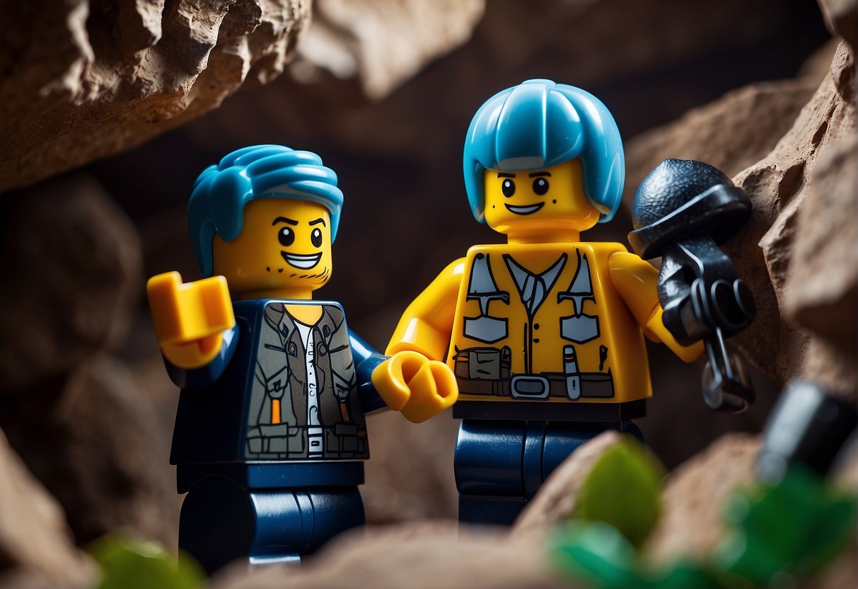 A Lego figure explores Fortnite caves, searching for marble