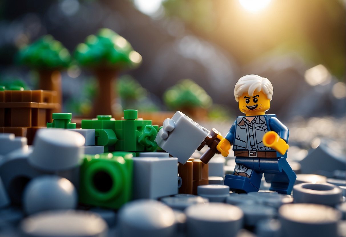 A figure searches for marble in a Lego Fortnite world, gathering and crafting the precious material