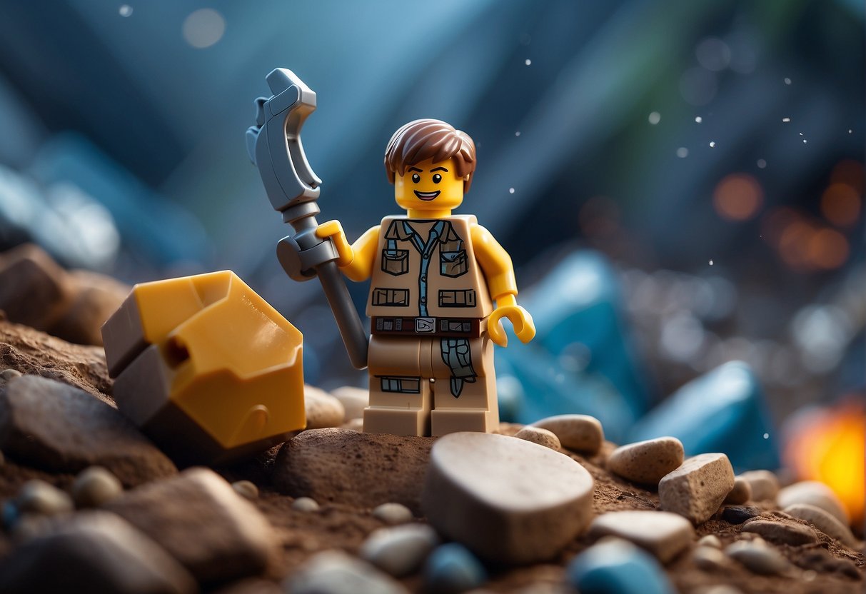 A character in Lego Fortnite searches a rocky area, finding a hidden marble. The character's excitement is evident as they hold up the discovery
