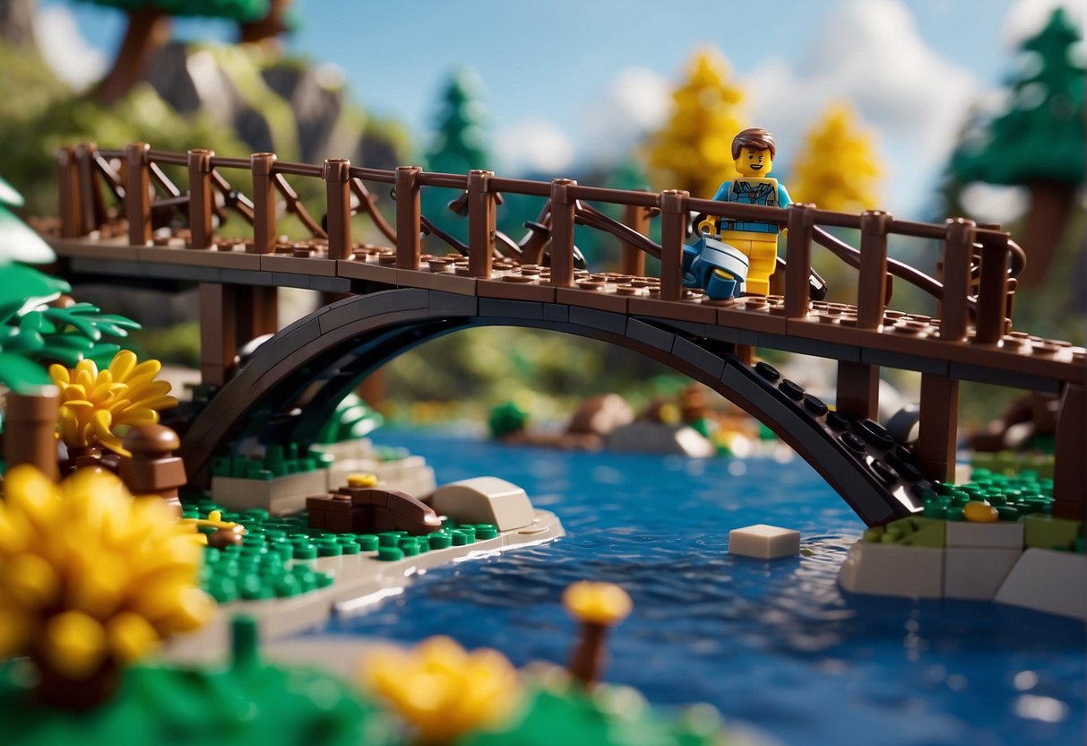 A Lego character builds a bridge to cross water in a Fortnite-themed landscape