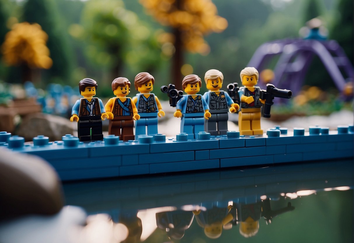 Lego figures using a bridge to cross water in Fortnite