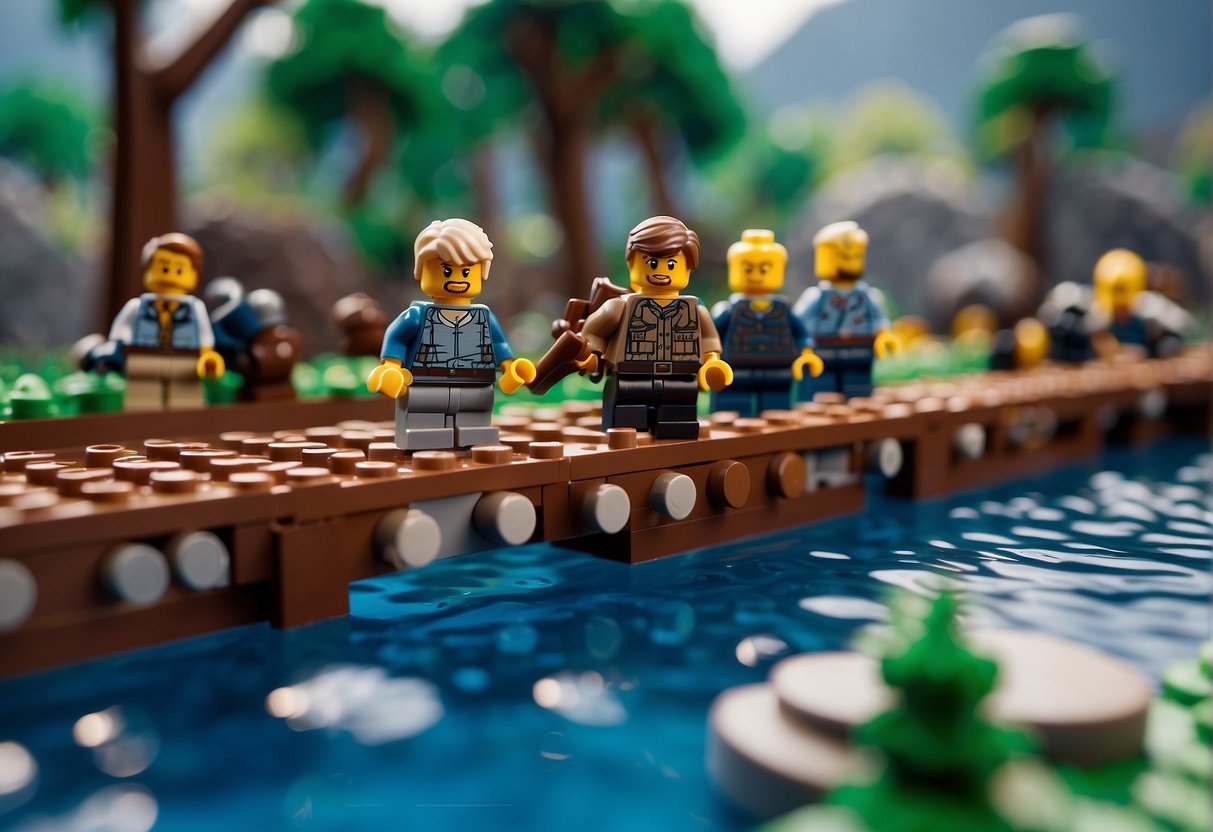 Lego Fortnite characters build a bridge to cross water in dynamic environment