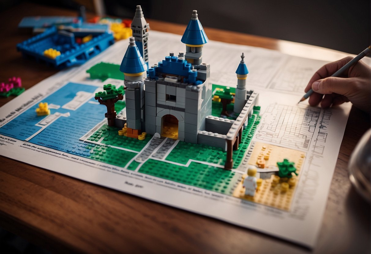A Lego Fortnite castle blueprint lies open on a table, surrounded by colorful Lego bricks and a pair of hands holding a pencil and ruler