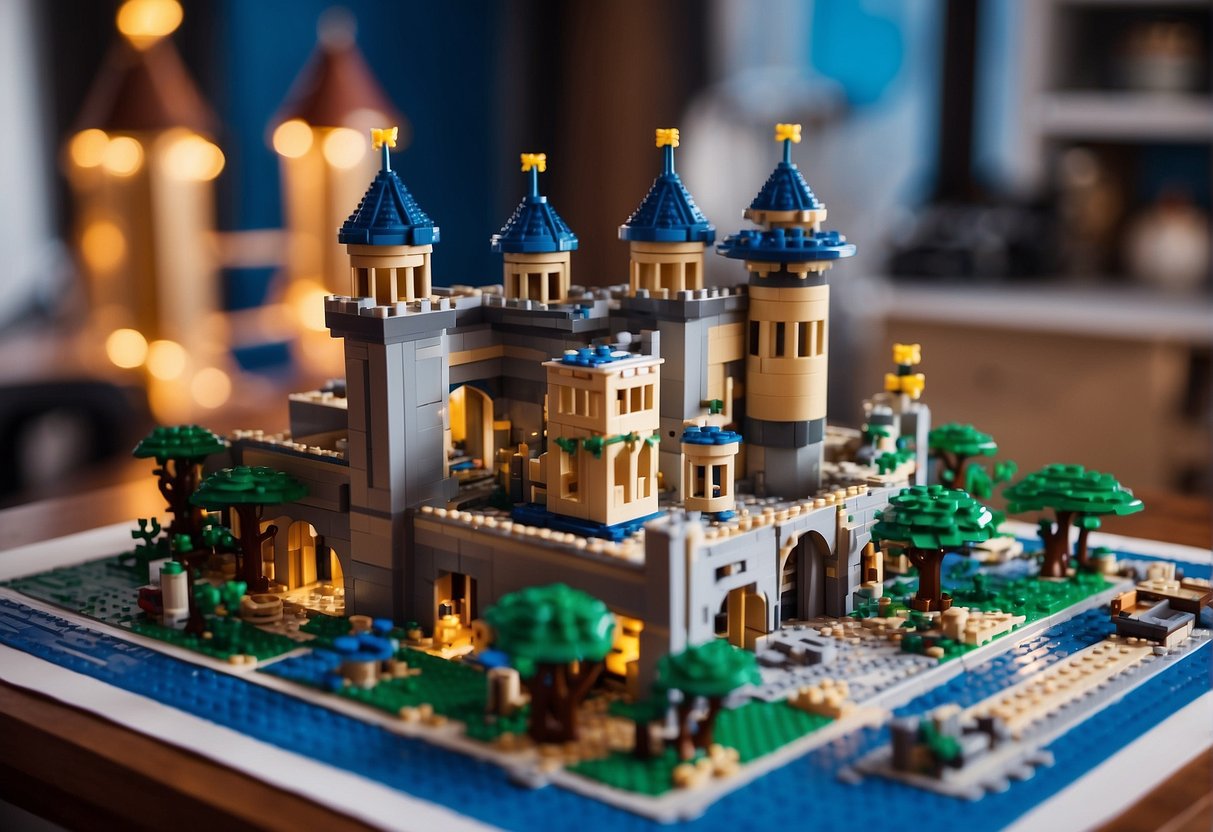 The blueprint for the Lego Fortnite castle is displayed on a table, surrounded by crafting materials and tools. The castle itself is being upgraded with new pieces and structures