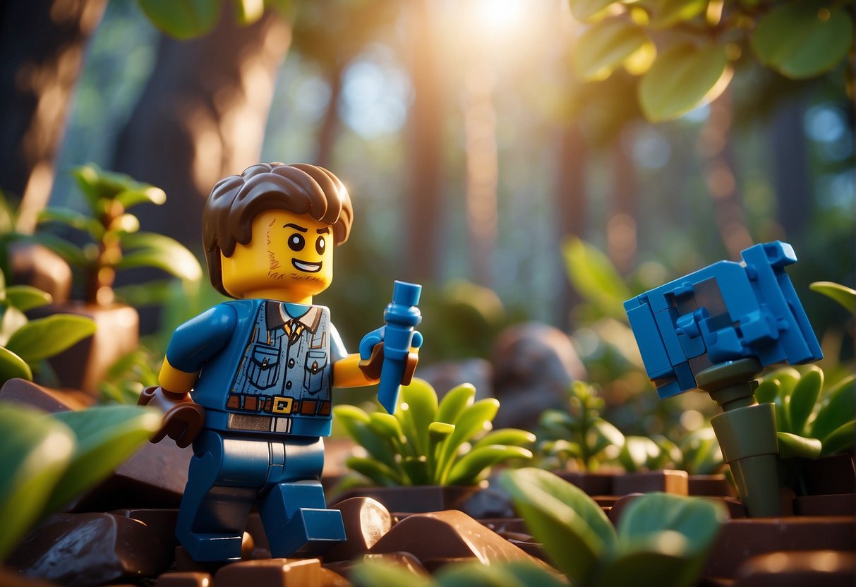 A character finding a hidden blueprint in a lush biome, enhancing gameplay in Lego Fortnite