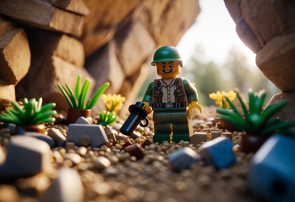 A character unlocks a cave in Lego Fortnite to reveal a wooden structure inside
