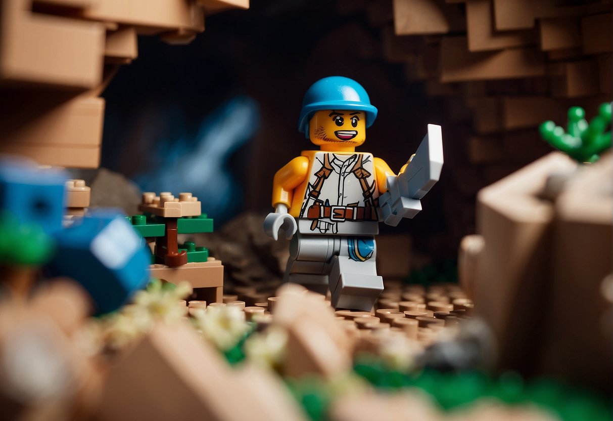 A figure mines a cave wall for wood in Lego Fortnite